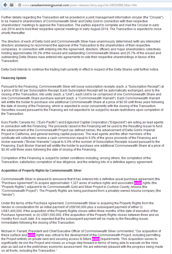Delta Gold Corporation and Commonwealth Silver and Gold Mining